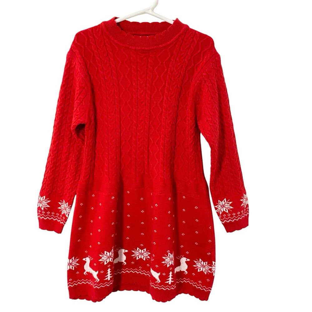 Mia Belle girls New red sweater christmas cable knit dress XL deer snowflakes